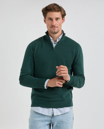 Sweater Zip Collar Cotton Merino Wool | Pine Green