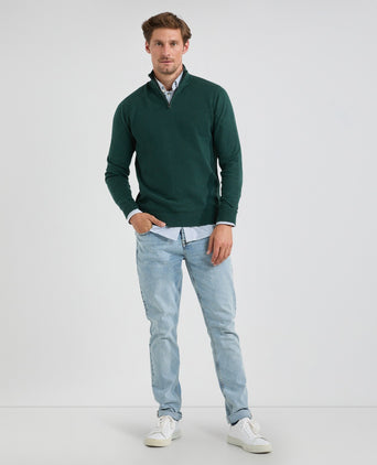 Sweater Zip Collar Cotton Merino Wool | Pine Green