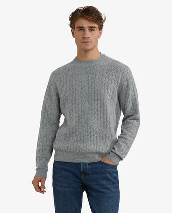 Sweater Lambswool Round Neck Cable Pattern | Medium Gray Melange