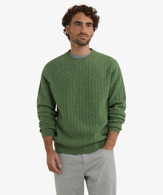 Lambswool Round Neck Cable Knit Sweater | Moss Green Lambswool Round Neck Cable Knit Sweater | Moss Green