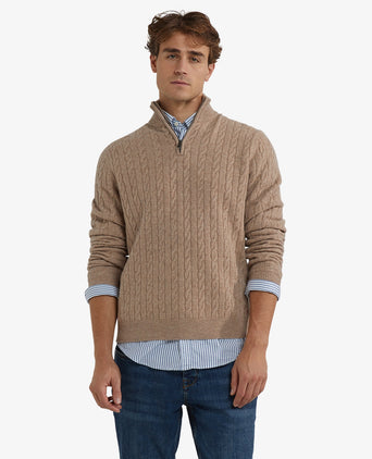 Half-Zip Lambswool Cable Knit Sweater | Sand