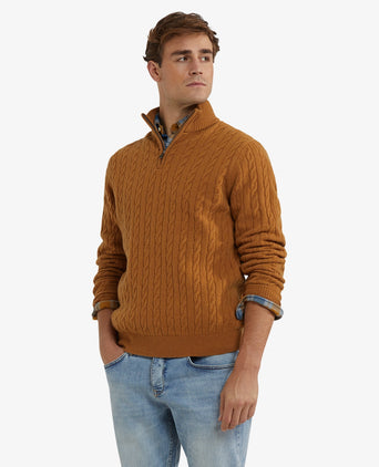 Trui Half-Zip Lamswol Kabelpatroon | Autumn Yellow