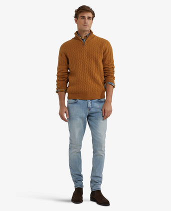Trui Half-Zip Lamswol Kabelpatroon | Autumn Yellow