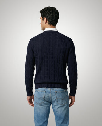 Cable Knit Sweater Cotton Crew Neck | Navy