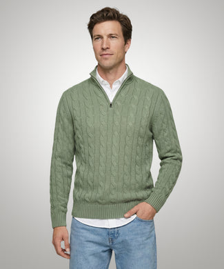 Trui Half-Zip Kabelpatroon Katoen | Light Olive Trui Half-Zip Kabelpatroon Katoen | Light Olive