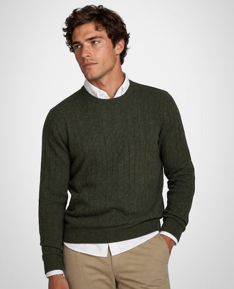 Cable Trui Lamswol Ronde Hals | Dark Olive