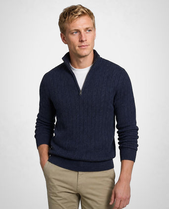 Cable Zip Mock Trui Lamswol | Navy