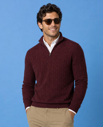 Cable Zip Mock Trui Lamswol | Burgundy