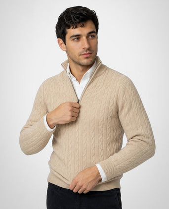 Cable Zip Mock Trui Lamswol | Stone