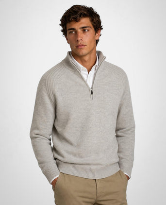 Zip Mock Ribbed Trui Lamswol | Medium Grey Melange