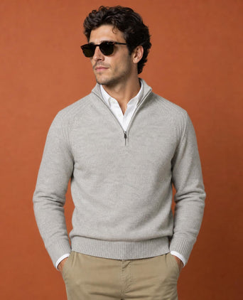 Zip Mock Ribbed Trui Lamswol | Medium Grey Melange