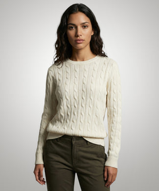 Sweater Cable Knit Cotton-Cashmere Round Neck | Off White Sweater Cable Knit Cotton-Cashmere Round Neck | Off White