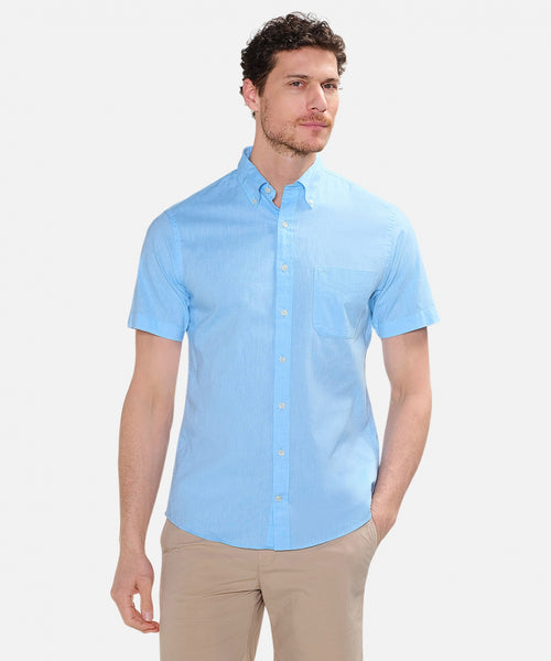 Katoen/linnen overhemd met korte mouwen | Aqua