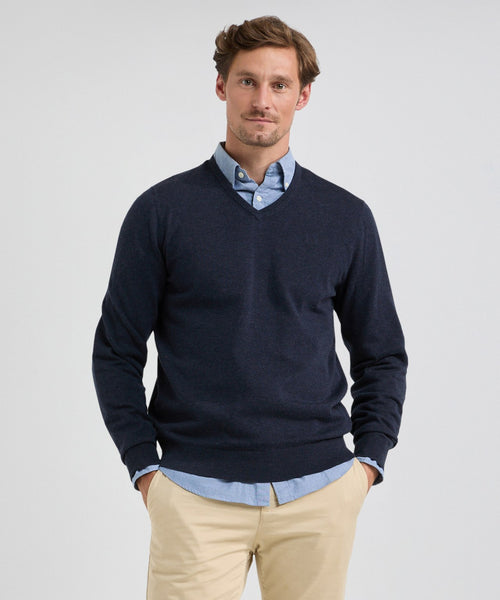 Trui Katoen Merino V-Hals | Navy