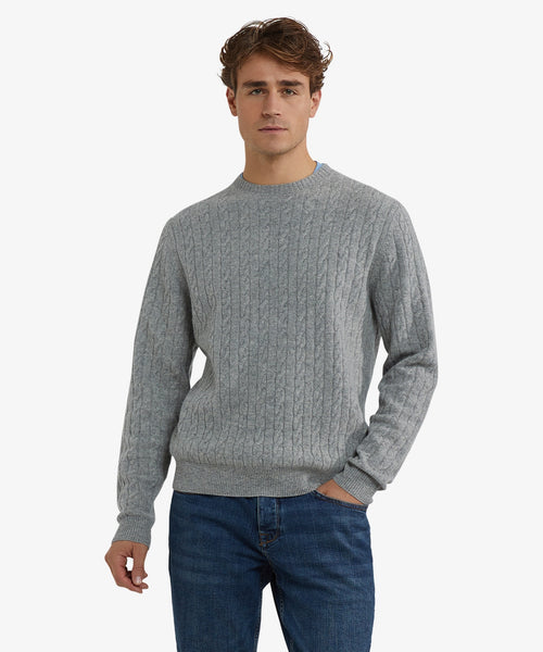 Sweater Lambswool Round Neck Cable Pattern | Medium Gray Melange
