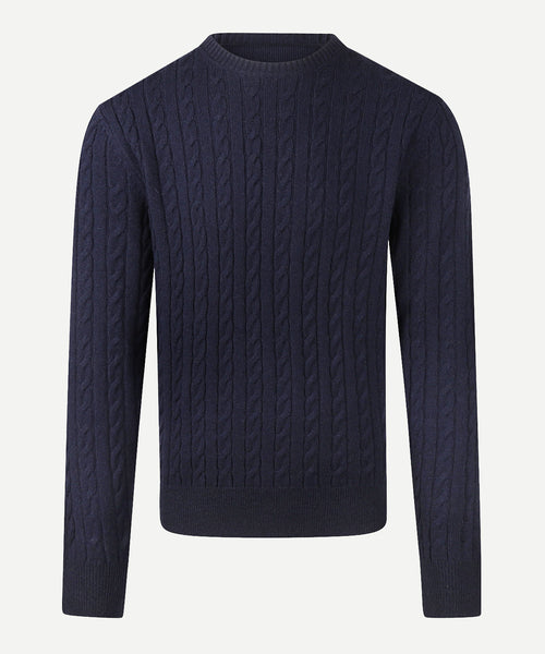 Trui Lamswol Rondehals Kabelpatroon | Navy