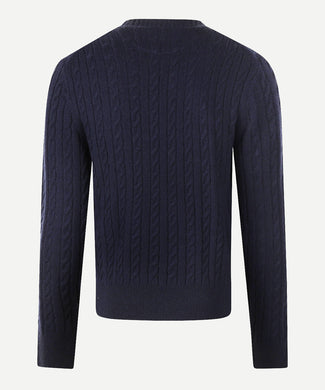 Sweater Lambswool Round Neck Cable Pattern | Navy
