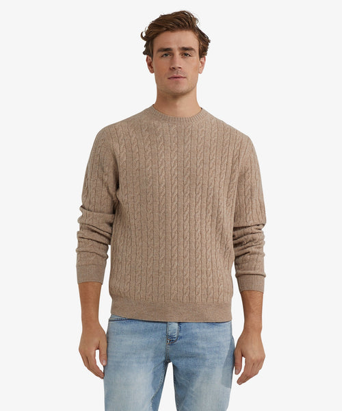 Trui Lamswol Rondehals Kabelpatroon | Sand