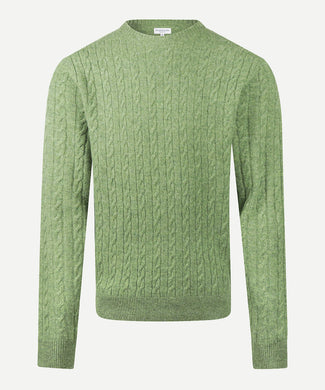 Lambswool Round Neck Cable Knit Sweater | Moss Green