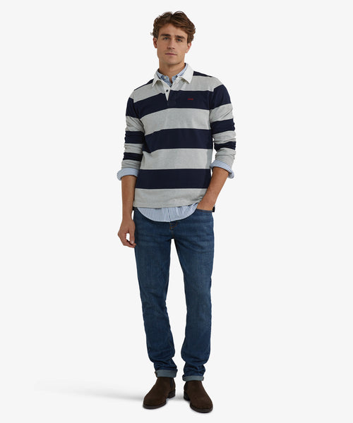 Heritage Gestreept Rugbyshirt | Medium Grey Melange