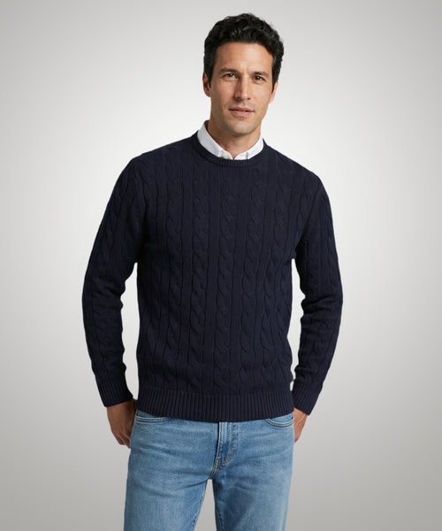 Cable Knit Sweater Cotton Crew Neck | Navy