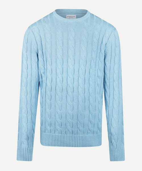 Cable Knit Sweater Cotton Crew Neck | Capri Blue