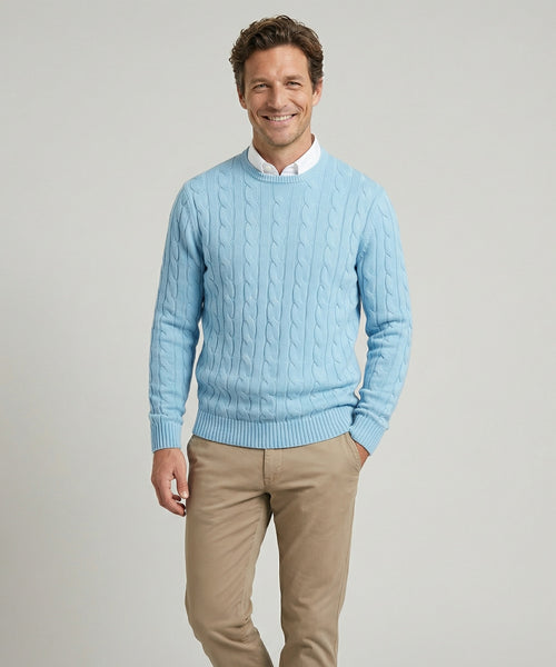 Cable Knit Sweater Cotton Crew Neck | Capri Blue