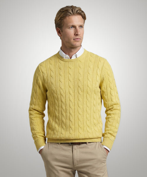 Cable Knit Cotton Sweater Crew Neck | Light Yellow