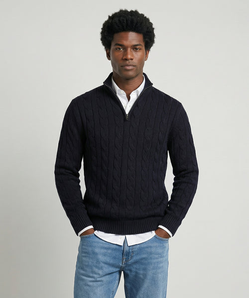 Trui Half-Zip Kabelpatroon Katoen | Navy