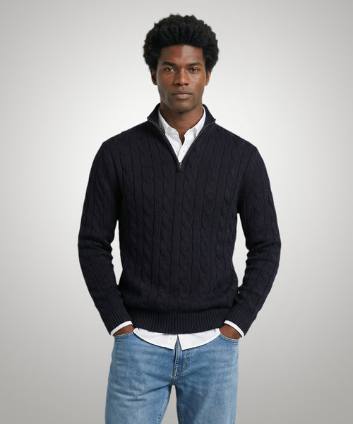 Half-Zip Cable Knit Sweater Cotton | Navy