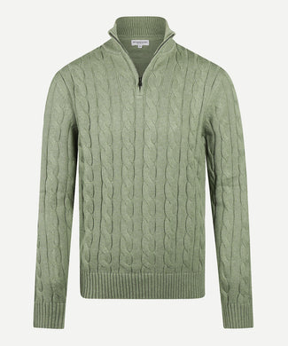 Trui Half-Zip Kabelpatroon Katoen | Light Olive