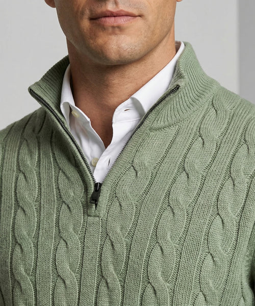 Trui Half-Zip Kabelpatroon Katoen | Light Olive