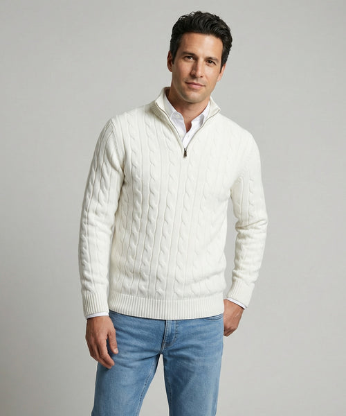Trui Half-Zip Kabelpatroon Katoen | Off White