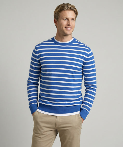 Striped Cotton Crew Neck Sweater | Cobalt
