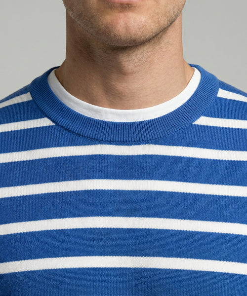 Striped Cotton Crew Neck Sweater | Cobalt