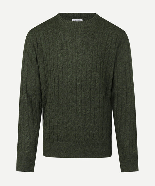 Cable Trui Lamswol Ronde Hals | Dark Olive
