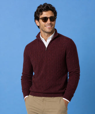 Cable Zip Mock Trui Lamswol | Burgundy