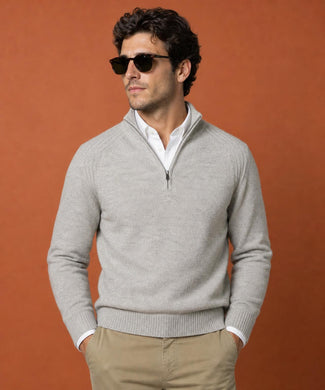 Zip Mock Ribbed Trui Lamswol | Medium Grey Melange