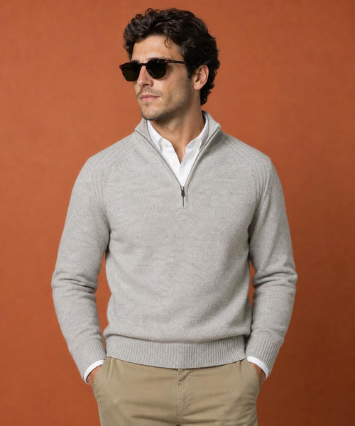Zip Mock Ribbed Sweater Lambswool | Medium Grey Melange