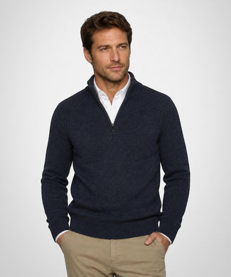 Zip Mock Ribbed Trui Lamswol | Navy