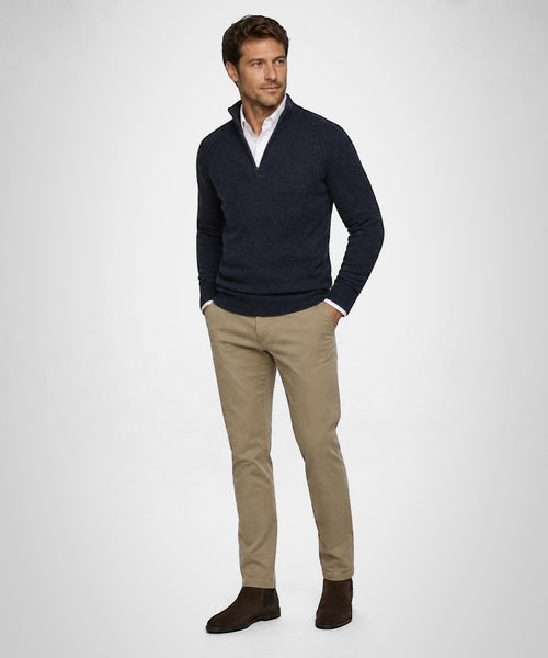 Zip Mock Ribbed Lambswool Sweater | Navy