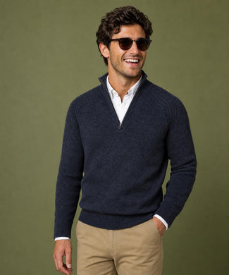Zip Mock Ribbed Trui Lamswol | Navy