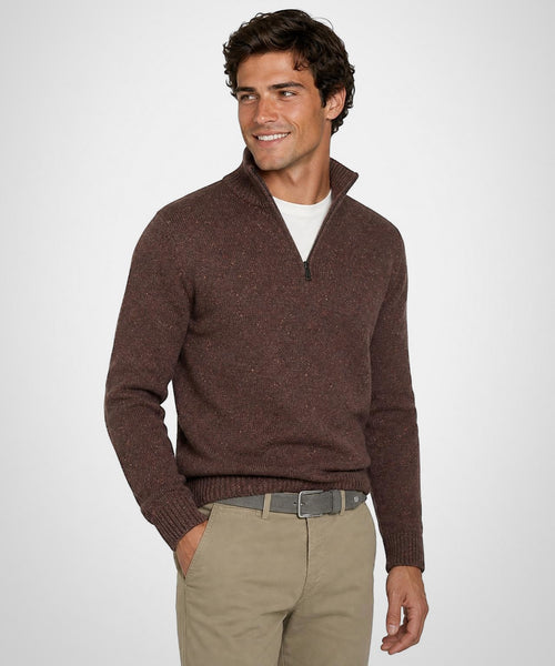 Fisherman's Zip Mock Wool Sweater | Chocolate Brown