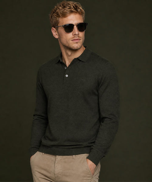 Fine Merino Longsleeve Polo | Dark Olive