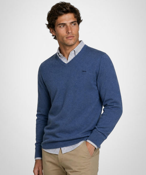 Trui Katoen-Kasjmier V-Hals | Vintage Blue