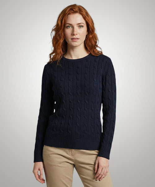 Trui Kabelpatroon Katoen-Kasjmier Ronde Hals | Navy