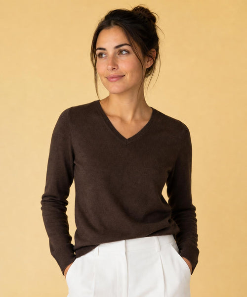 Trui Katoen-Kasjmier V-Hals | Chocolate Brown